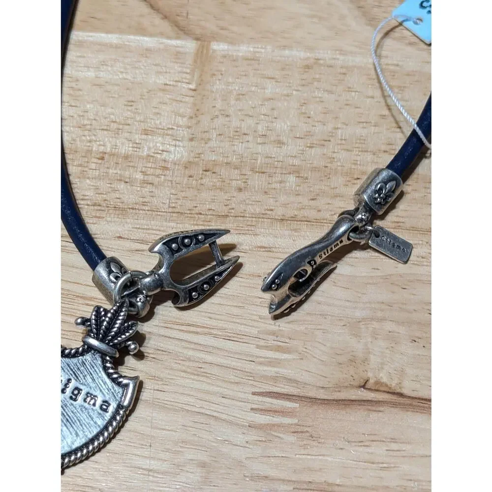 Stigma Mens Navy Blue Cord Necklace Silver Tone Fleur-de-Lis Shield Pendant NWT